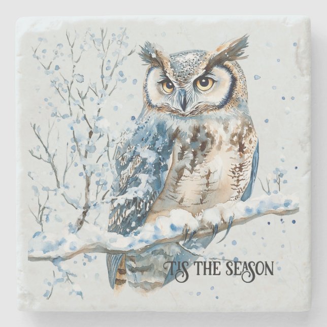 Porta-copo De Pedra Winter Snowflakes Blue Owl Christmas Snow (Frente)