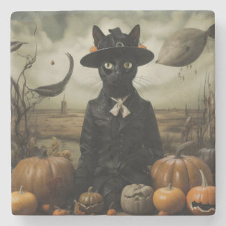 Porta-copo De Pedra Witch Cat with Pumpkins 