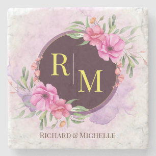 Porta-copo De Pedra Wreath Floral - Letra inicial Monograma - Nome Mar