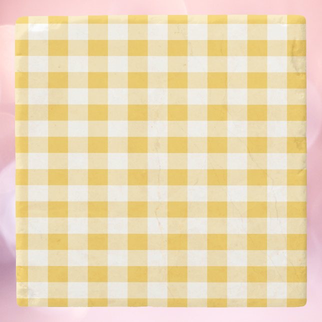 Porta-copo De Pedra Xadrez Gingham Padrão Amarelo e Branco (A coaster with a yellow and white gingham pattern.)