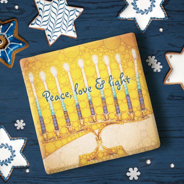 Porta-copo De Pedra Yellow Hanukkah Menorah Peace Love Light Modern (Criador carregado)