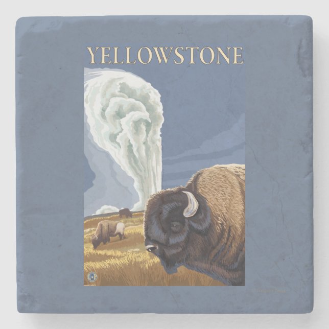 Porta-copo De Pedra YellowstoneBison com fiel velho (Frente)