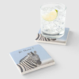 Porta-copo De Pedra Zebra olhando para você com texto de foto azul do 