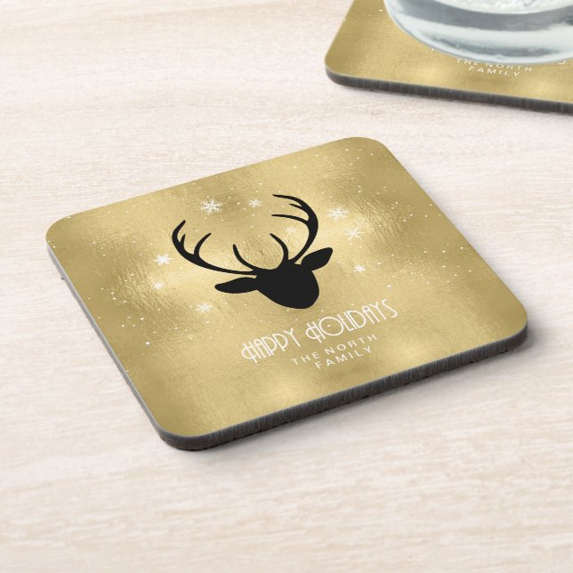 Porta-copo Deer Antlers Silhouette & Snowflakes Dourado ID861 (Left Side)