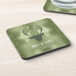 Porta-copo Deer Antlers Silhouette & Snowflakes Green ID861
