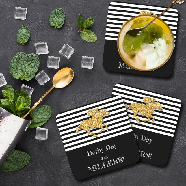 Porta-copo Derby Dourado Racecavalo e Jockey em Black Stripes (Derby gold racehorse and jockey on black and white stripes beverage coasters)