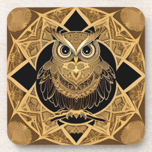 Porta-copo Desenho de Mandala de Coruja Decorativa Dourada