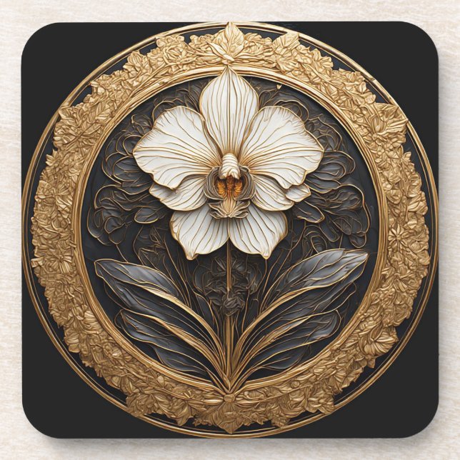 Porta-copo Desenho de Orquídea Dourada Elegante (Frente)
