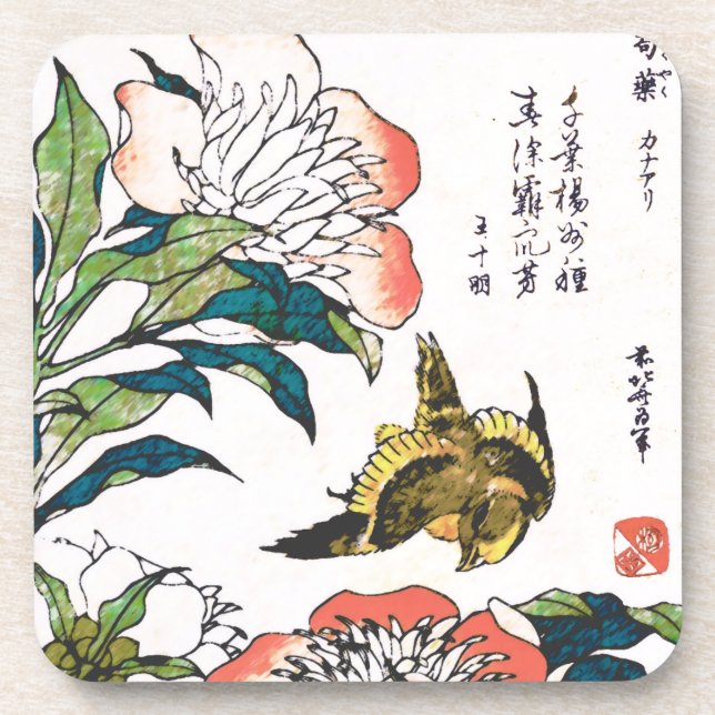Porta-copo Desenho em japonês, Peonies e Sparrow (Frente)