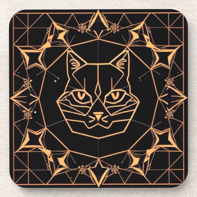 Porta-copo Desenho Geométrico de Gato com Linhas Douradas (Frente)
