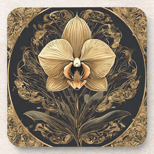 Porta-copo Design de Orquídea Dourada Elegante (Frente)