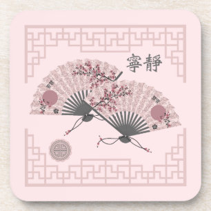 Porta-copo Dois fãs florais asiáticos cor-de-rosa "Serenity",