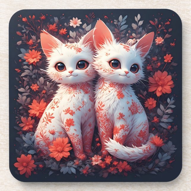 Porta-copo Dois gatinhos brancos e flores (Frente)