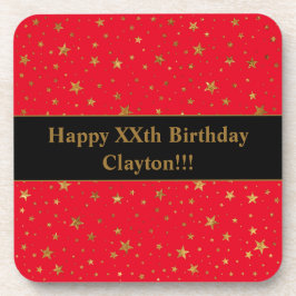 Porta-copo Douradas estrelas com mensagem no aniversário verm