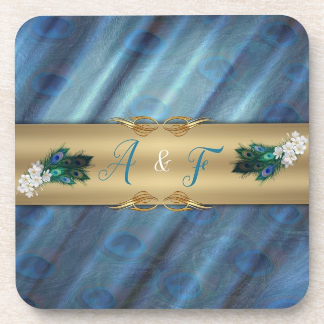 Porta-copo Dourado, Penas Peacock na Emerald Green Silk (Frente)