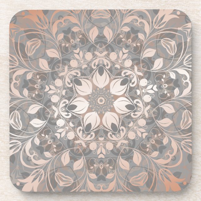 Porta-copo Dourado Rosa Cinza Floral Mandala (Frente)