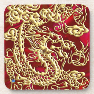 Porta-copo Dragão Dourado embutido no Red Satin Impressão