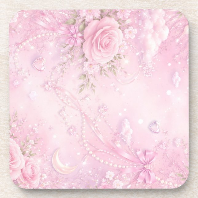 Porta-copo Dreamy Pink Rose Floral Pearls Bows Sparkles (Frente)