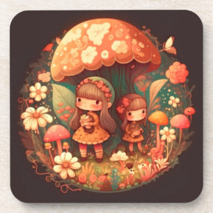Porta-copo Duas meninas sob a decoração marrom cogumelo