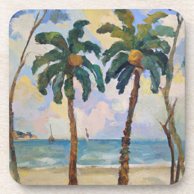 Porta-copo Duas Palmeiras Tropicais - Pintura a óleo (Frente)