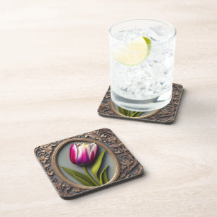 Porta-copo Elegância Fluída: Tulipa Rosa em Design Art Nouvea