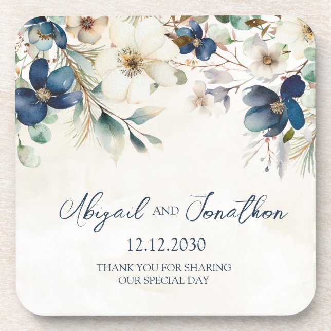 Porta-copo Elegant Blue Floral Winter Wedding (Frente)