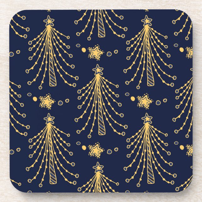 Porta-copo Elegant Navy Blue Gold Christmas Tree Star Pattern (Frente)
