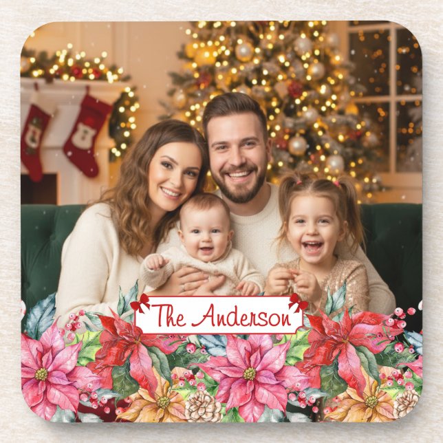 Porta-copo Elegant Poinsettia Floral Border Custom Photos (Frente)