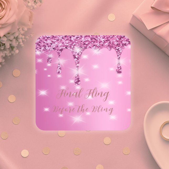 Porta-copo Elegante Brilho Rosa Quente com Gotejamento de Des (Glam glitter coasters for your final fling—perfect for bridal bars, gifts, or party tables.)