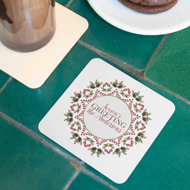 Porta-copo Elegante Círculo Feriado Mandala Nome do Natal (Season' Greetings holiday greenery paper coaster)
