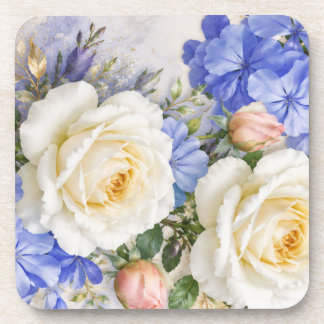 Porta-copo Elegante mouse pad floral com rosa branca e azul .
