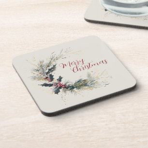 Porta-copo Elegante Pine e Holly Wreath com Destaques Dourado