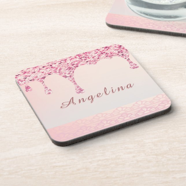 Porta-copo Elegante Rosa Glamour Brilho Gotejante (Left Side)