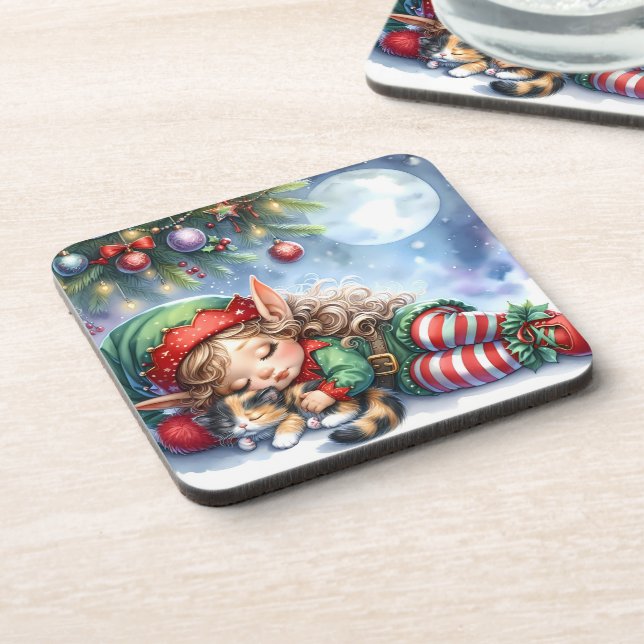 Porta-copo Elfo de Natal Dormindo com Gatinho Calico (Left Side)