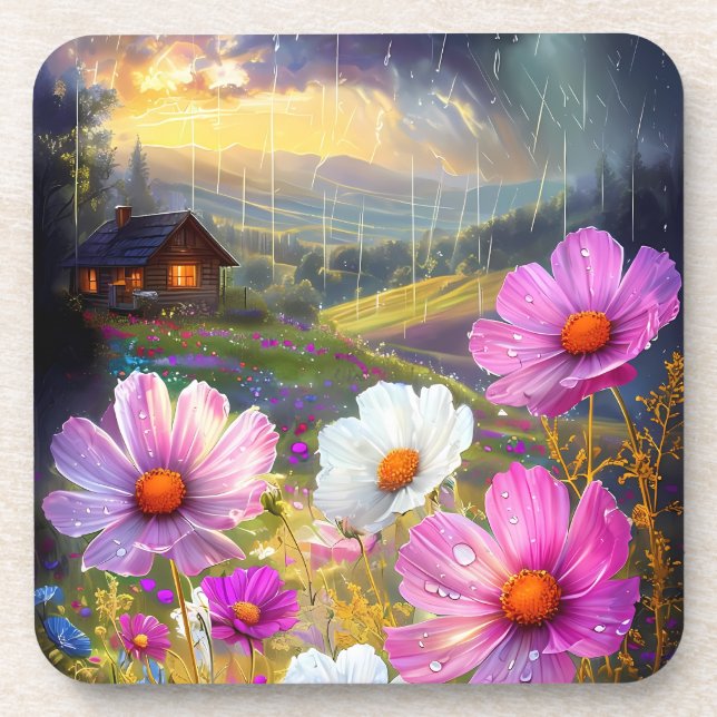 Porta-copo Ephemeral Bloom: Uma Sinfonia de Chuva e Luz (Frente)