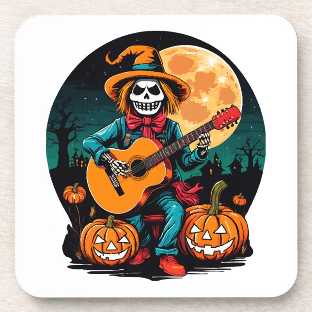 Porta-copo espantalho toca violão e comemora halloween (Frente)