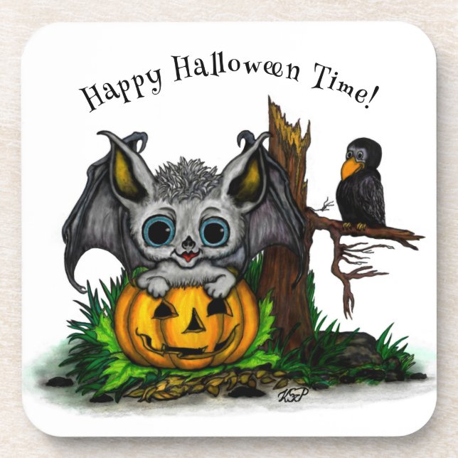 Porta-copo Esperando o Halloween, Cute Bat e Raven (Frente)