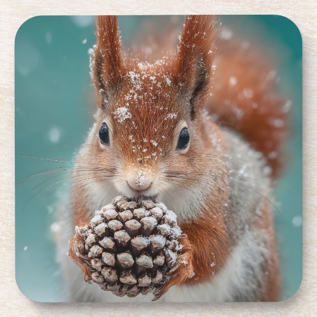 Porta-copo Esquilo Vermelho Adorável na Neve com um Pinecone (Frente)