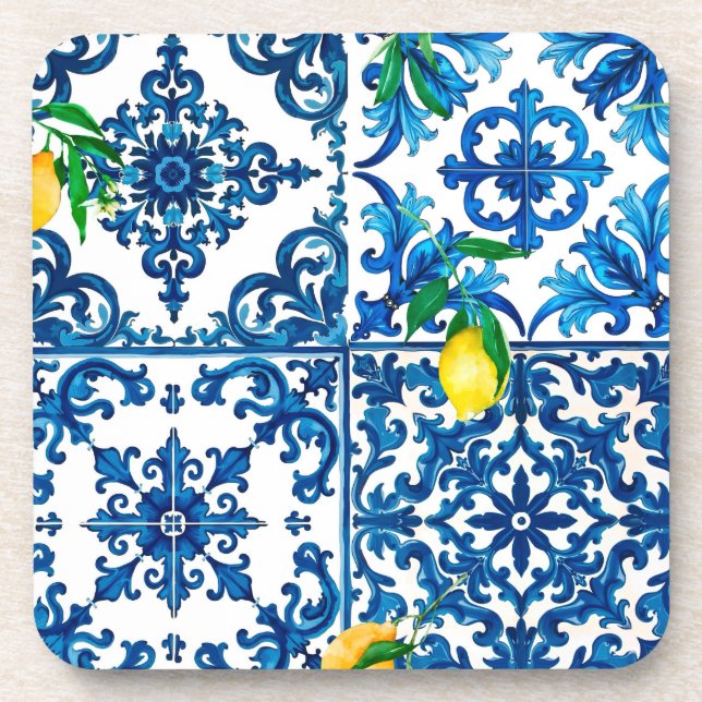 Porta-copo estilo italiano,Mediterrâneo,mosaico,azul,limão (Frente)