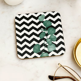 Porta-copo Eucalipto em Aquarela Chevron Preto e Branco