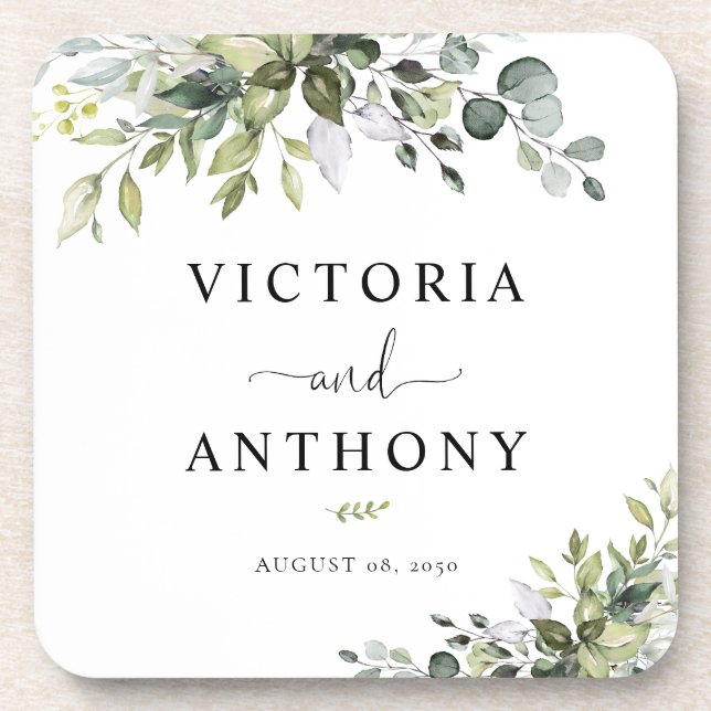 Porta-copo Eucalyptus Square Wedding Coaster (Frente)