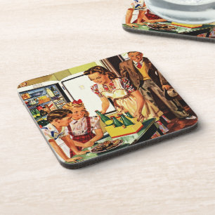 Porta-copo Família Antiga na Cozinha Mãe Pai Filhos Lanche