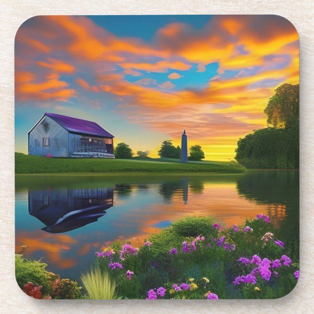 Porta-copo Farmhouse Purple Roof Pond em Sunrise (Frente)