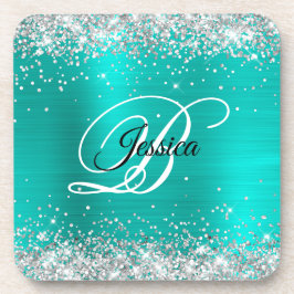Porta-copo Faux Shiny Silver Glitter Turquoise Monograma