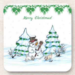 Porta-copo Feliz Natal! Boneco de Neve com Gato e Cachorrinho
