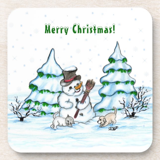 Porta-copo Feliz Natal! Neve com Cat e Puppy (Frente)
