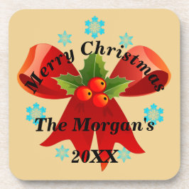 Porta-copo Feliz Natal Red Ribbon Holly Leaf