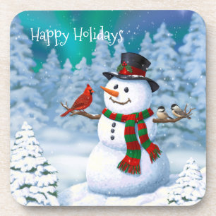 Porta-copo Feliz Snowman e Pássaros de inverno