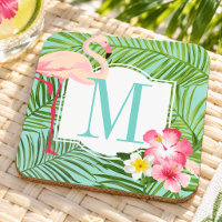 Flamingo Rosa Tropical Monograma Floral Inicial
