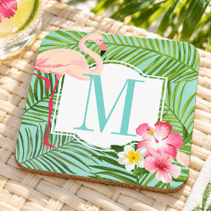 Porta-copo Flamingo Rosa Tropical Monograma Floral Inicial